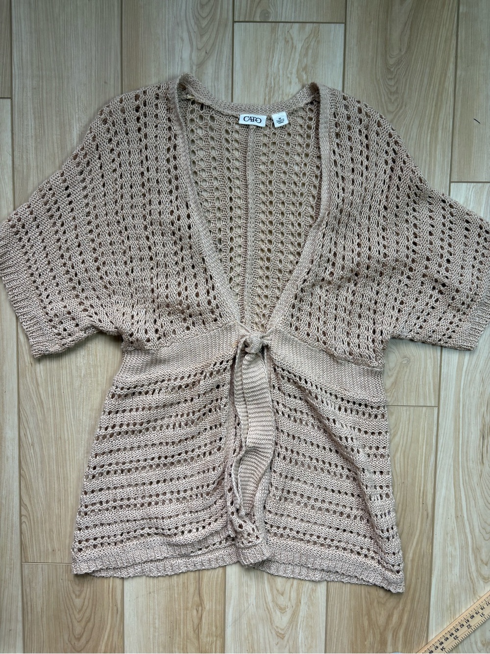 Vintage Cottagecore Boho Open-Knit Crochet Tie-Front Cardigan - Beige